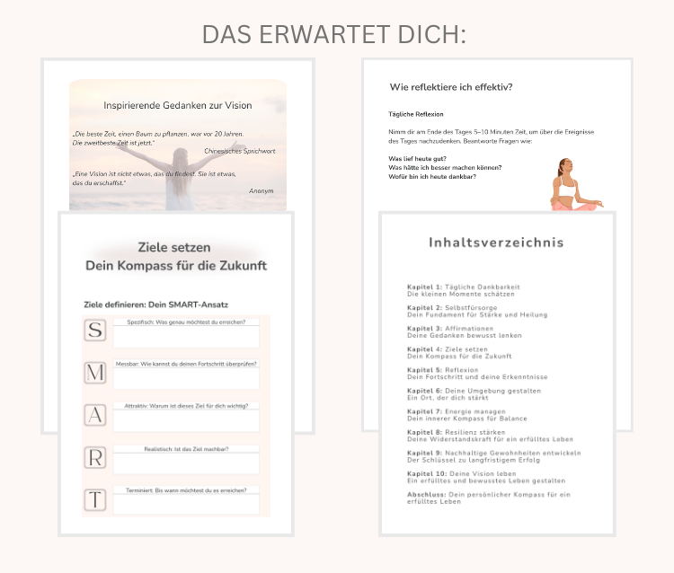 Einblick in das Workbook für Selbstreflexion & innere Stärke mit inspirierenden Zitaten, Coaching-Übungen, SMART-Zielen und persönlichem Kompass für ein erfülltes Leben.